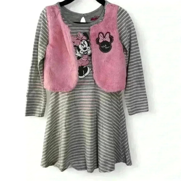 Disney Minnie Mouse Girls Dress w/ Vest Gray Striped Size 5 Casual - Picture 1 of 5